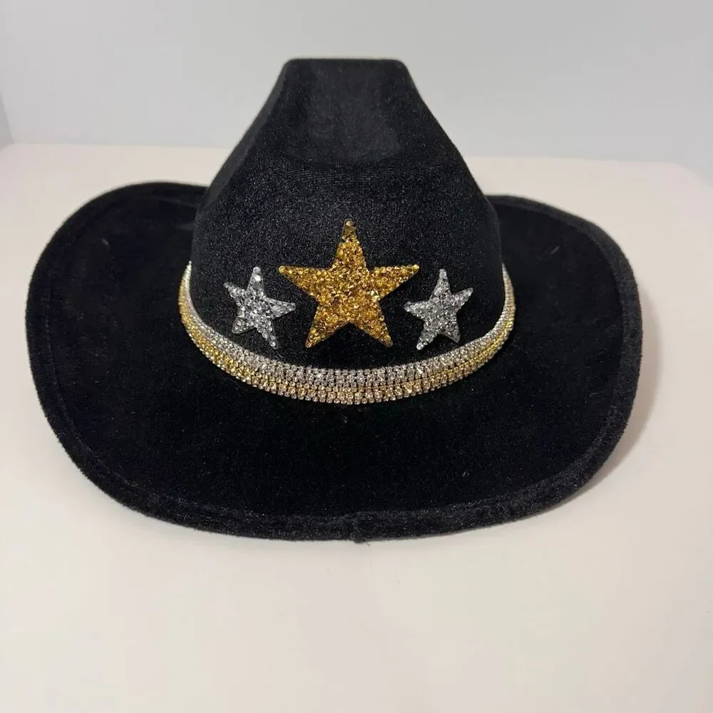 Cowgirl Hat Rhinestone-Embellished Stars Black Cowboy Hat Gold Silver | Women - Picture 4 of 14